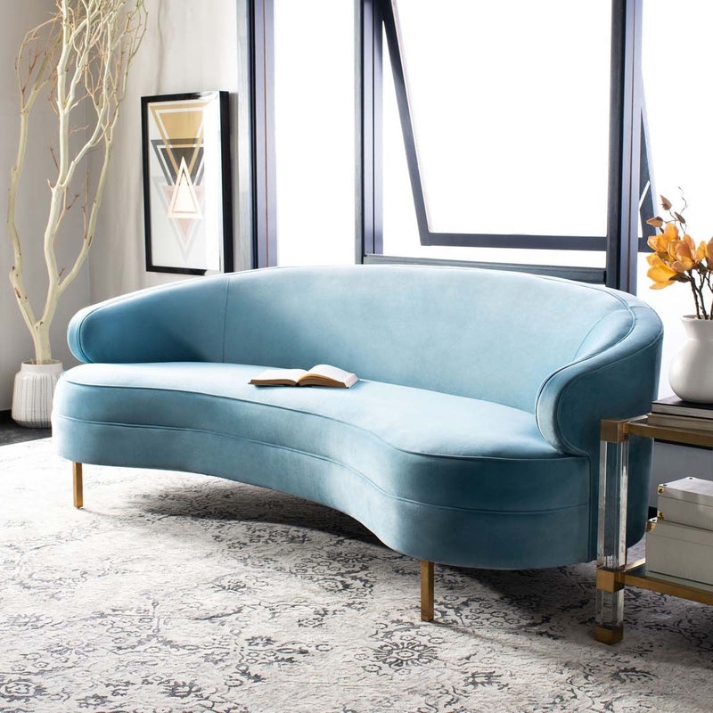 Light Blue Curved Sofa, Velvet, Gold Tapered Legs, Modern