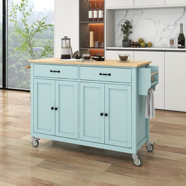 Light Blue Kitchen Island Cart with Four Doors and Natural Wood Top