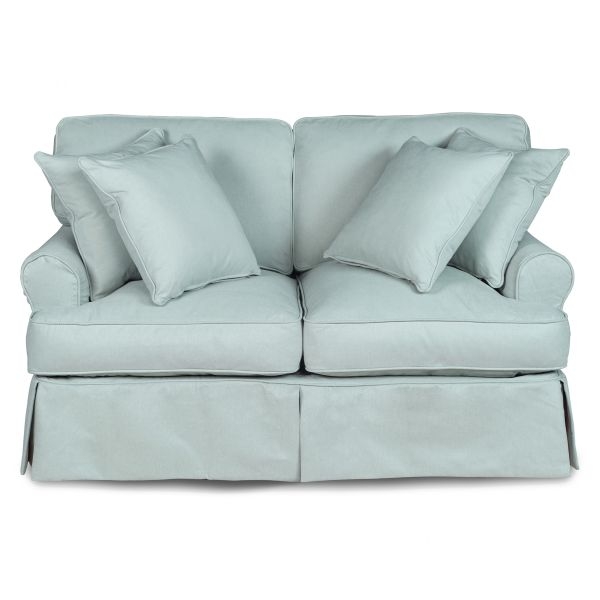 Light Blue Slipcover Loveseat with Rolled Arms and Matching Pillows