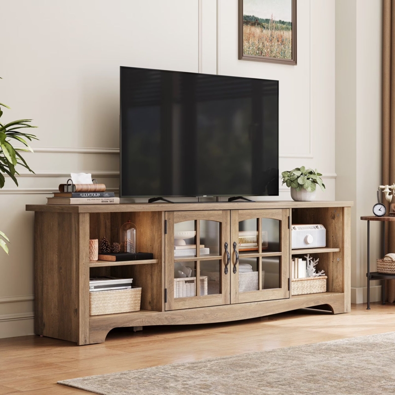 Light Brown Farmhouse TV Stand Arched Base Mullion Glass Doors Console