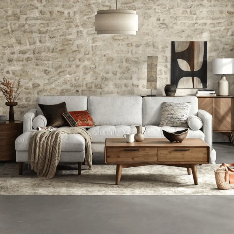 Light Gray Chaise Sectional with Bolster Pillows & Stone Wall Backdrop