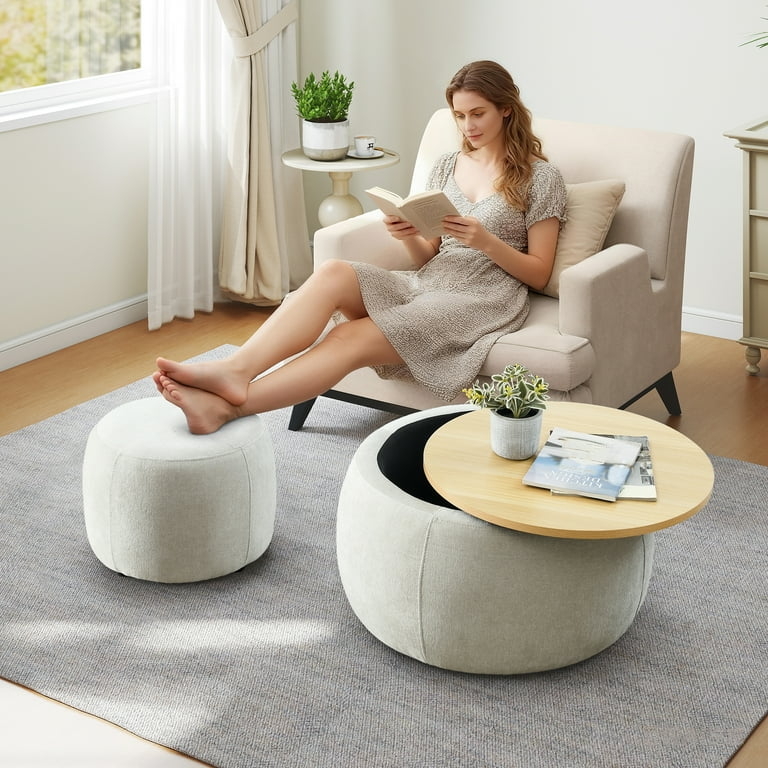 Light Gray Chenille Storage Ottoman Set Dual Purpose Wood Lid