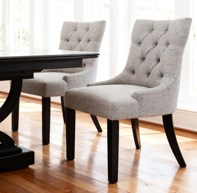 Light Gray Dining Chairs Button Tufted Silver Nailhead Trim