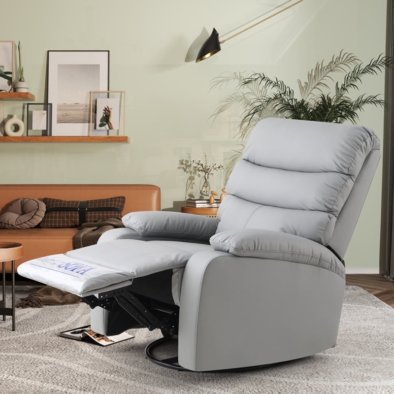 Light Gray Leather Like Swivel Recliner with Segmented Back