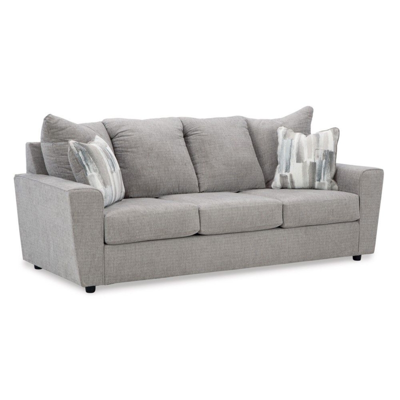 Light Gray Track Arm Sofa with Abstract Pillows