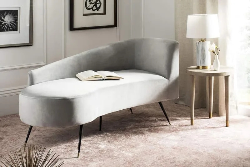 Light Gray Velvet Chaise Longue with Asymmetrical Curved Back