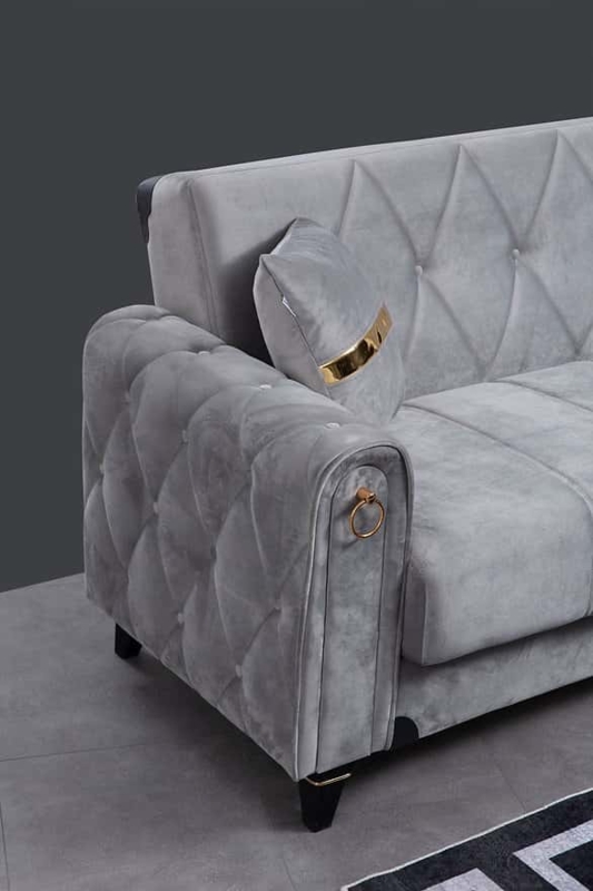 Light Gray Velvet Sofa with Gold Ring Pull and Diamond Tufting