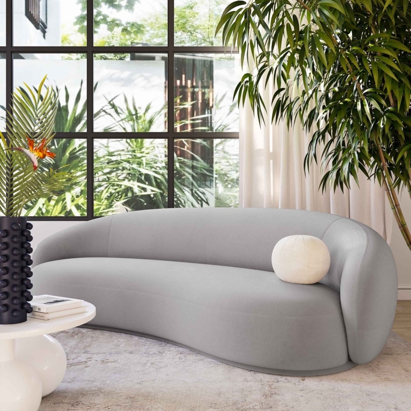 Light Grey Velvet Curved Sofa with Kidney Shaped Silhouette