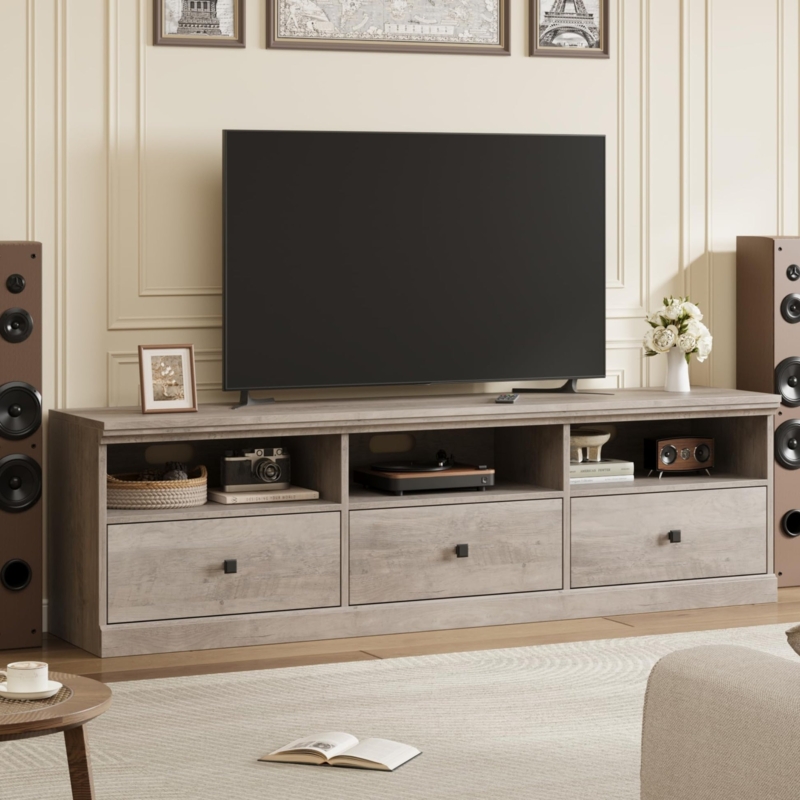 Light Grey Wood TV Stand Three Drawers Open Shelves Transitional Console