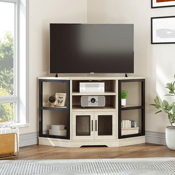 Light Oak Corner Entertainment Center Mesh Doors Tiered Shelving