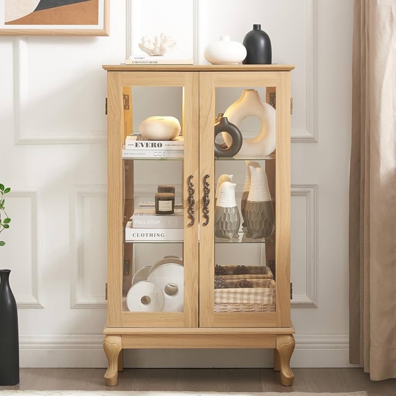 Light Oak Curio Cabinet with Mirrored Back and Ornate Handles