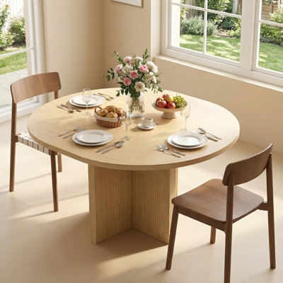 Light Oak Oval Table Ribbed Pedestal Base Drop Leaf Design Organic