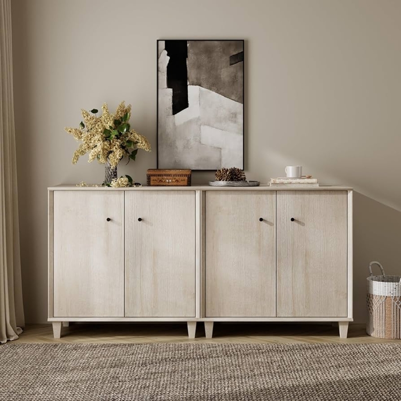 Light Oak Sideboard Buffet with Black Knobs & Tapered Legs