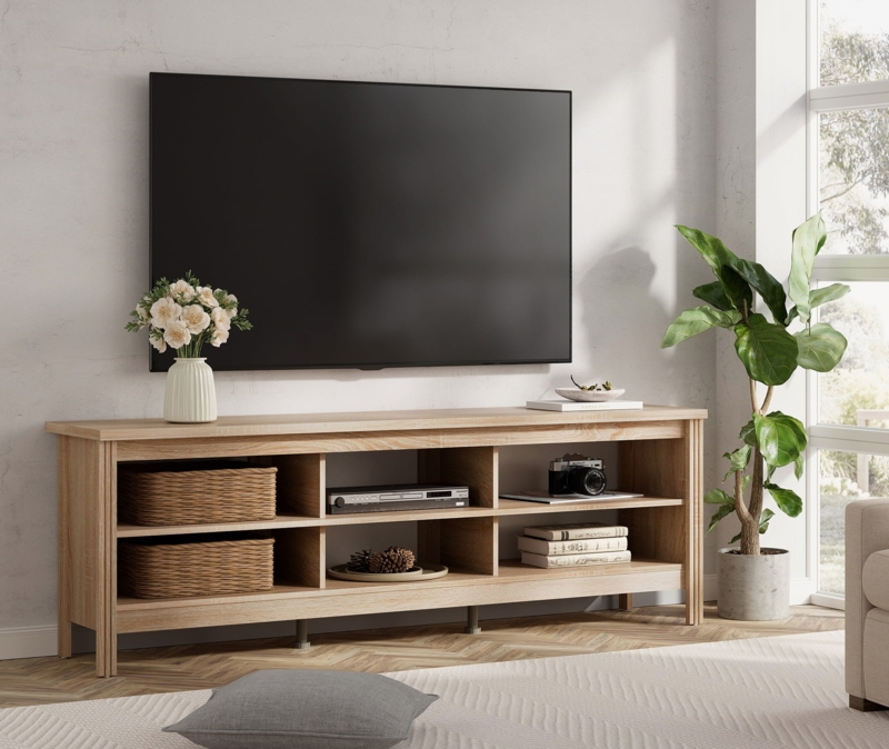 Light Oak TV Stand with Six Compartment Storage and Grooved Side Panels