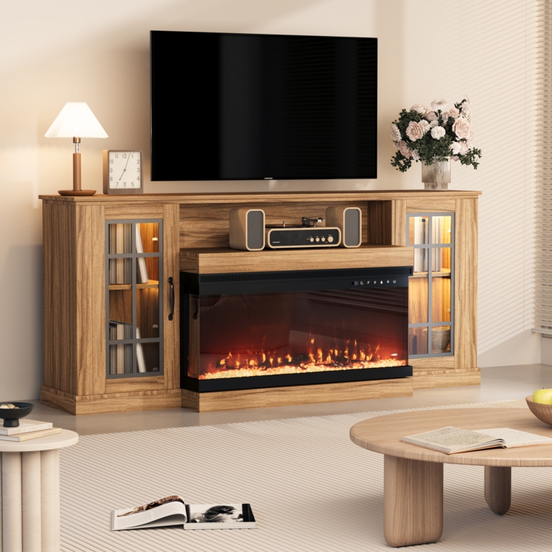 Light Oak Wood Fireplace TV Stand with Mullion Glass Doors