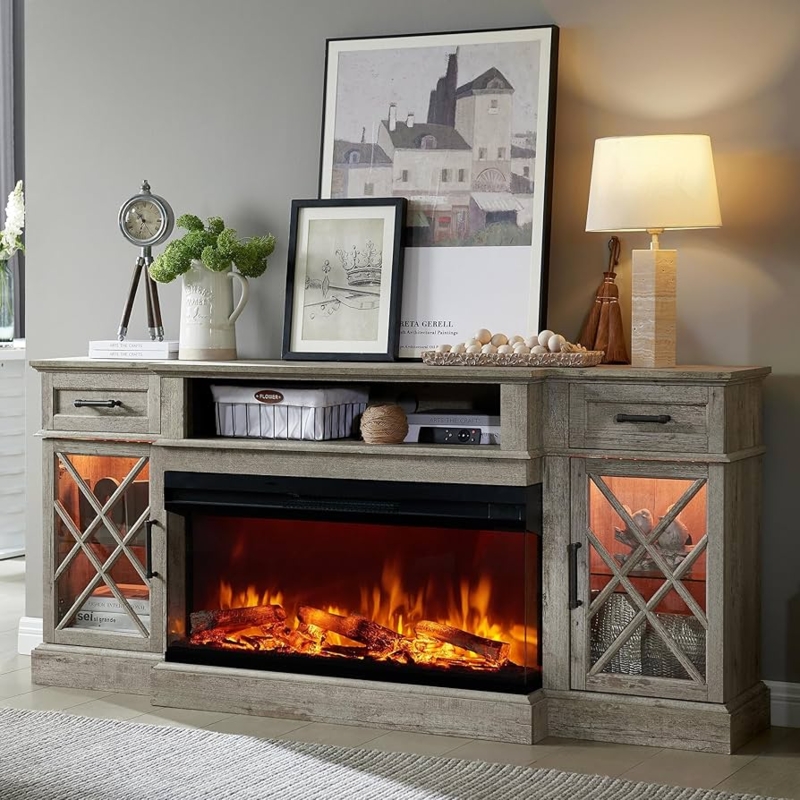 Light Rustic Oak Fireplace TV Stand 3-Sided Fireplace Glass Doors