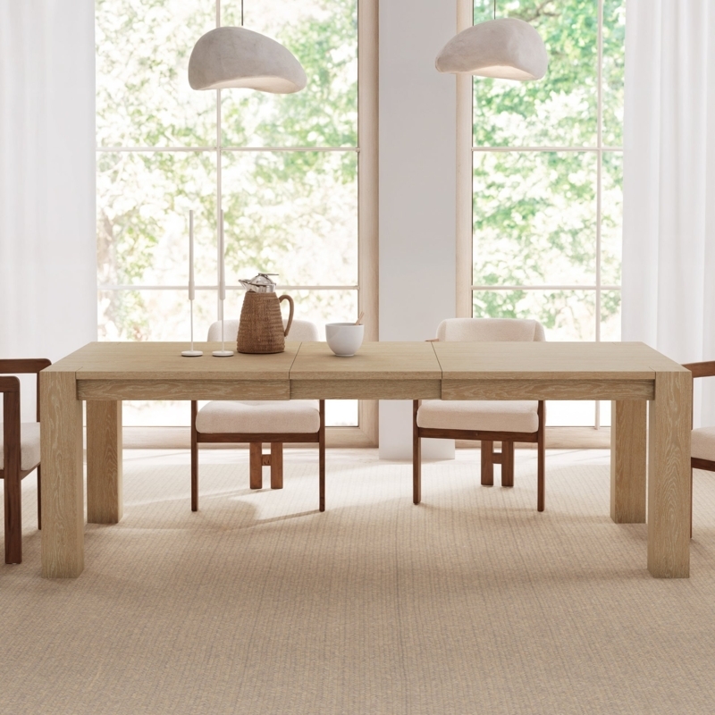 Light Wood Extendable Dining Table Block Legs Modern Organic Style