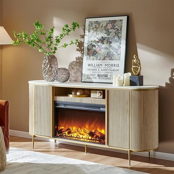 Light Wood Fluted TV Stand with Faux Marble Top and Curved Ends