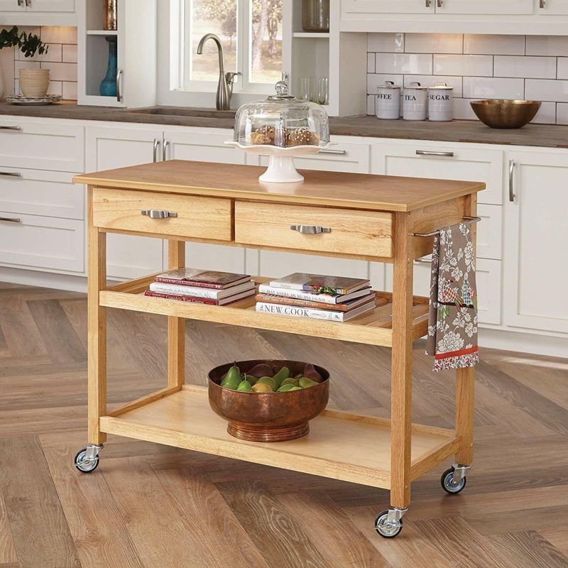 Light Wood Kitchen Island Utility Cart with Slatted Middle Shelf