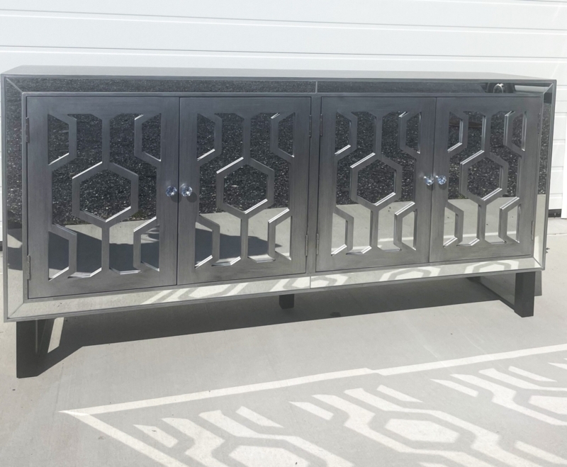 Light Wood Mirrored Storage Cabinet Geometric Overlay