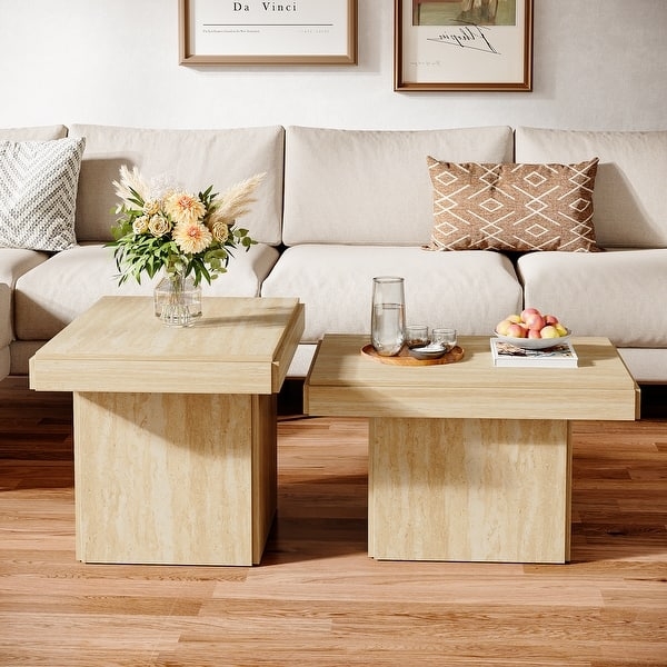 Light Wood Nesting Coffee Table Set Thick Block Pedestal Base Minimalist