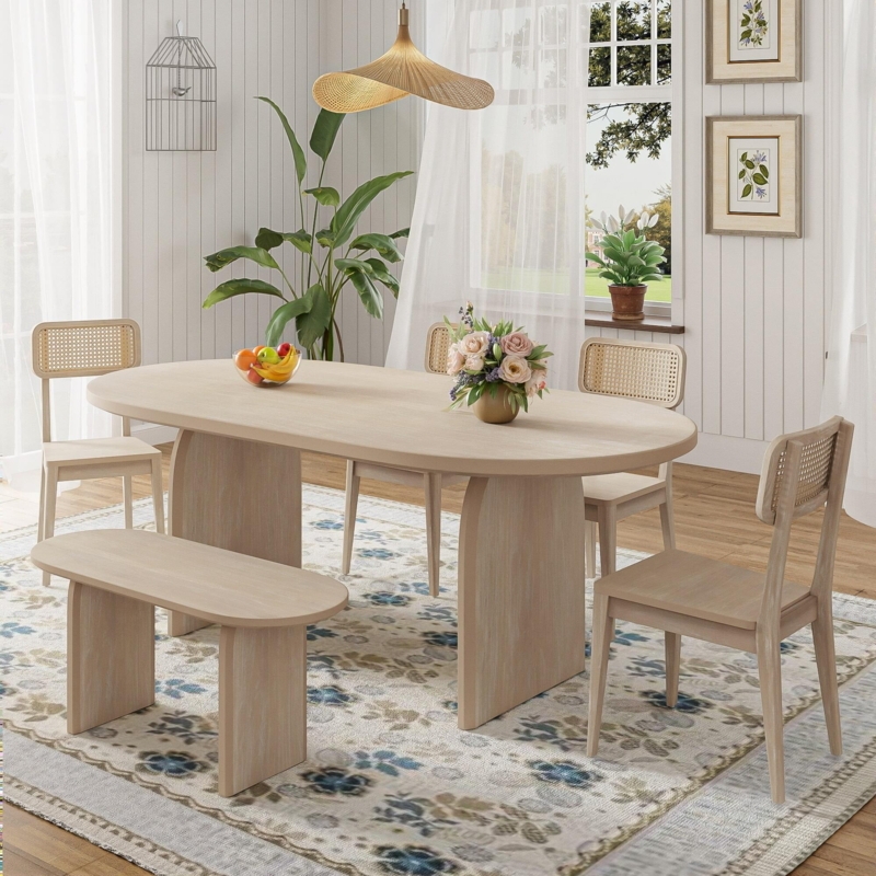 Light Wood Oval Dining Set with Cane Back Chairs and Bench