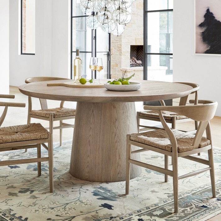 Light Wood Round Dining Table, Conical Pedestal Base, Scandinavian Set