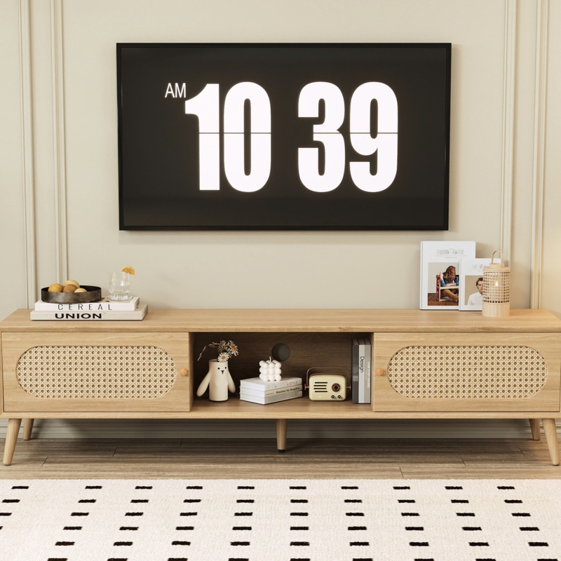 Light Wood TV Cabinet with Oval Rattan Cane Doors