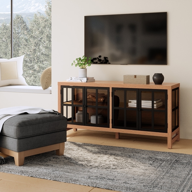 Light Wood TV Stand with Black Windowpane Doors