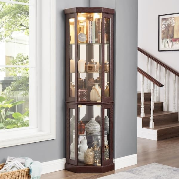 Lighted Corner Curio Cabinet in Dark Red Finish with Glass Doors
