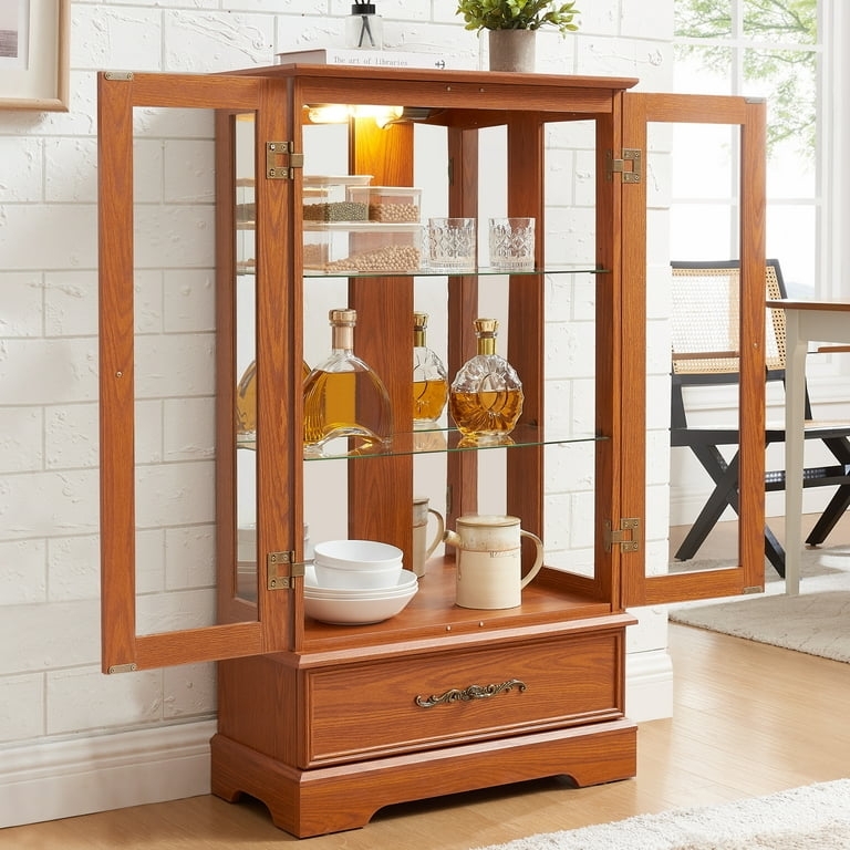 Lighted Curio Cabinet with Bottom Drawer & Oak Finish