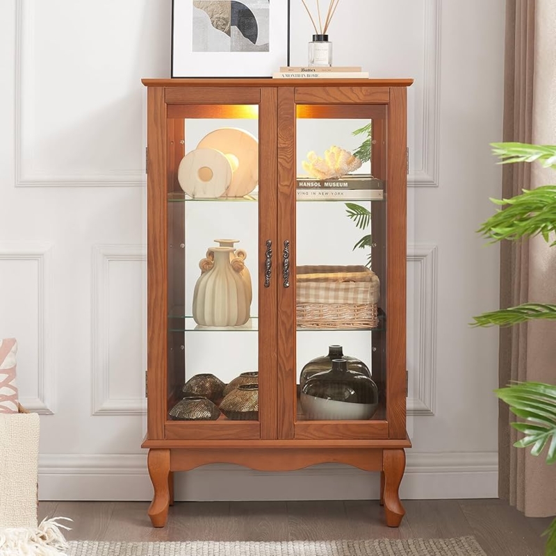 Lighted Curio Cabinet with Scalloped Apron and Mirrored Back