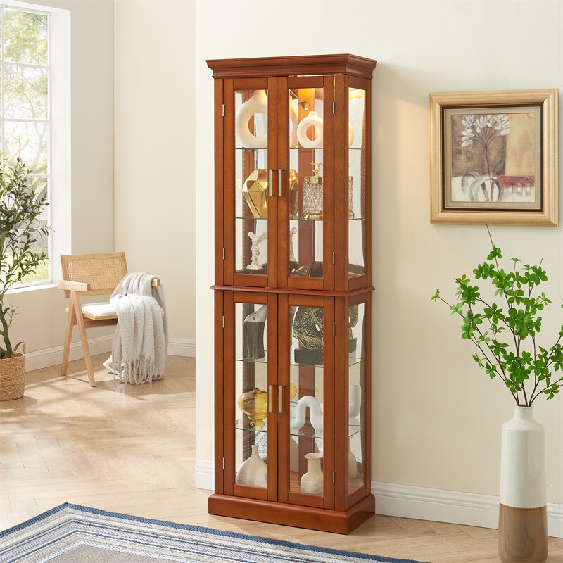 Lighted Four-Door Curio Cabinet with Wood Finish and Crown Molding