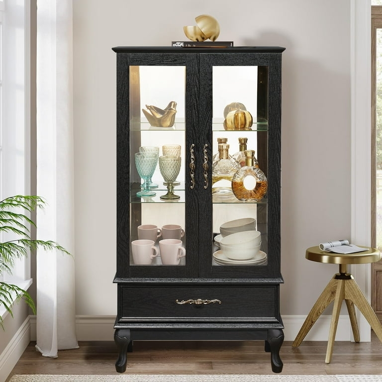 Lighted Glass Cupboard Small Dining Room Storage Gold Accents