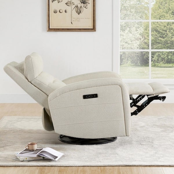 Linen-Like Power Swivel Rocker Recliner Cream Power Headrest USB