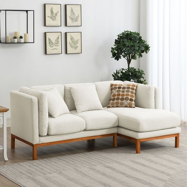 Linen-Look Sectional Sofa Off-White with Exposed Wood Base Scandinavian