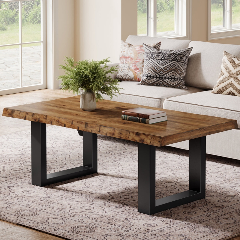 Live Edge Coffee Table Thick Slab Top Black Metal U-Shaped Base