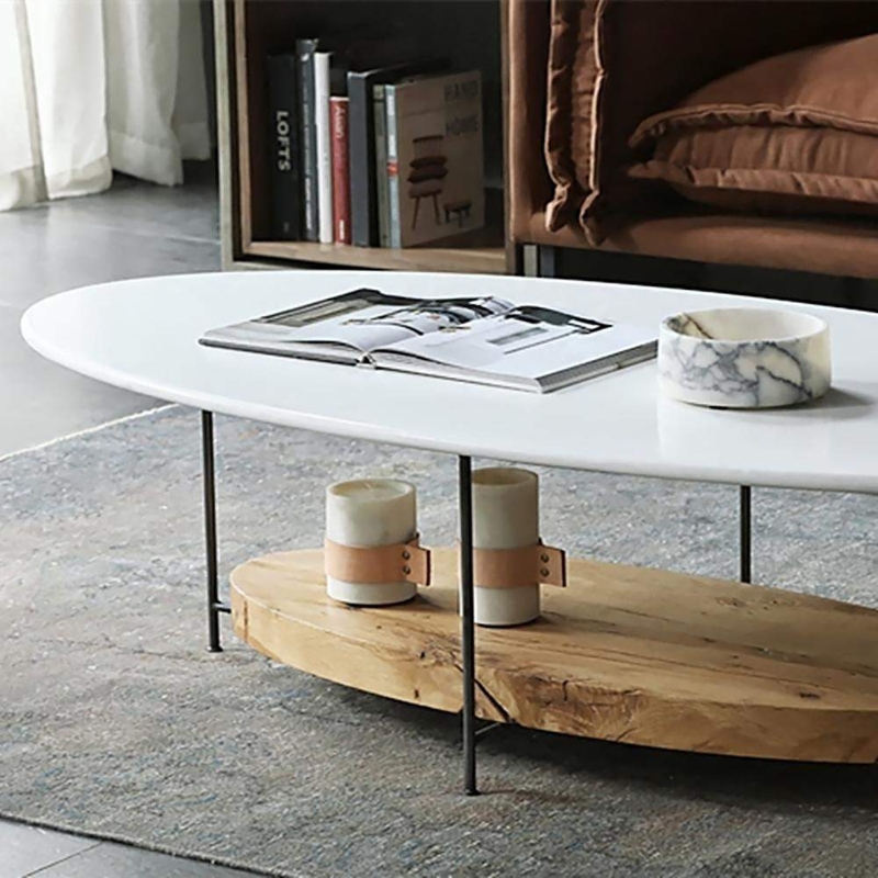 Live Edge Shelf Table Oval Two Tier Stone Look Top Black Metal Legs
