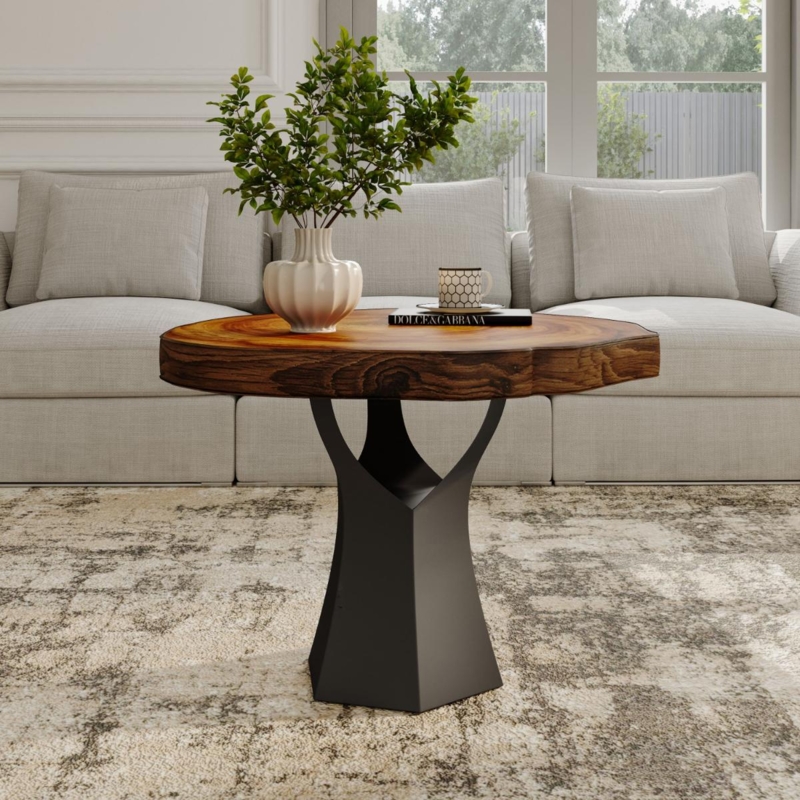 Live Edge Side Table Round Sculptural Fluted Metal Base Modern Industrial