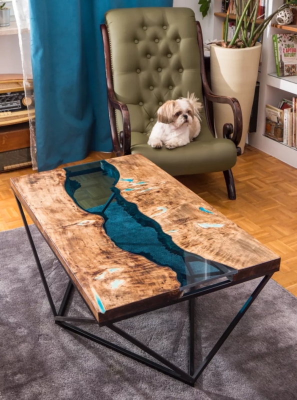 Live Edge Wood Coffee Table with Blue Resin River Inlay