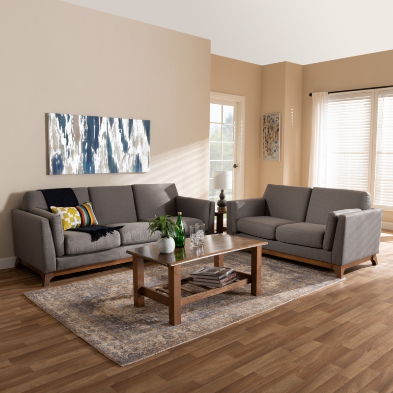 Living Room Set: 2-Piece Mid-Century Grey Fabric with Walnut Wood Base