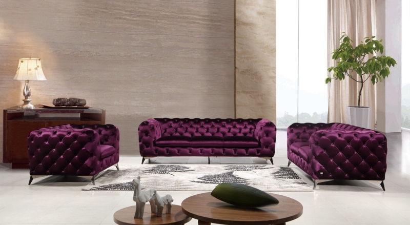 Living Room Set All Over Tufting Chrome Tapered Legs Velvet