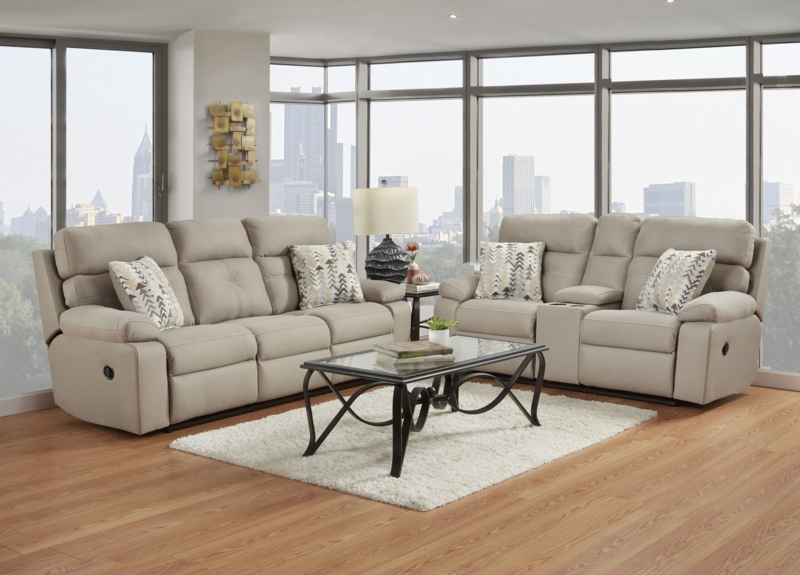Living Room Set Beige Upholstered Fabric Console Plush Cushions