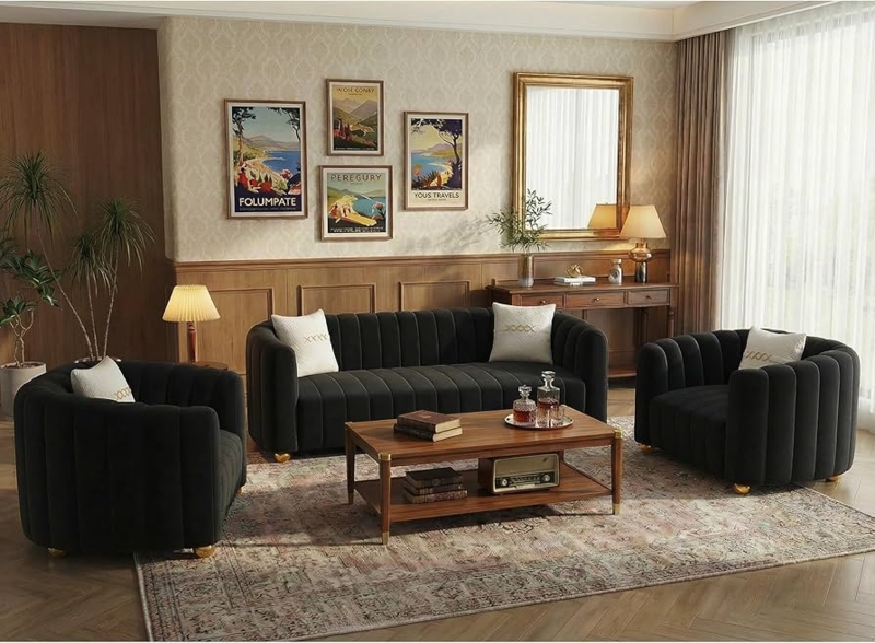 Living Room Set Black Velvet Channeled Tufting Gold Legs