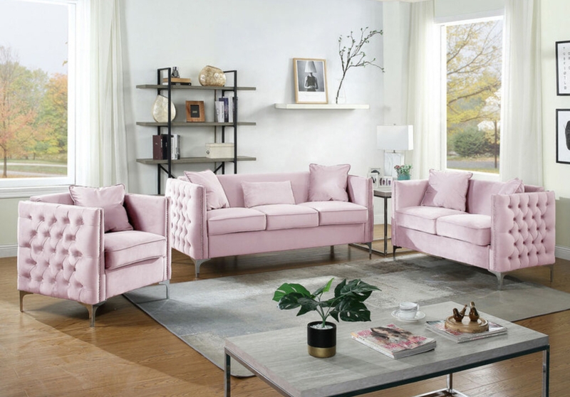 Living Room Set Blush Pink Velvet Exterior Diamond Tufting Glam
