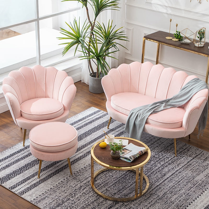 Living Room Set Blush Pink Velvet Scalloped Shell Back Gold Legs