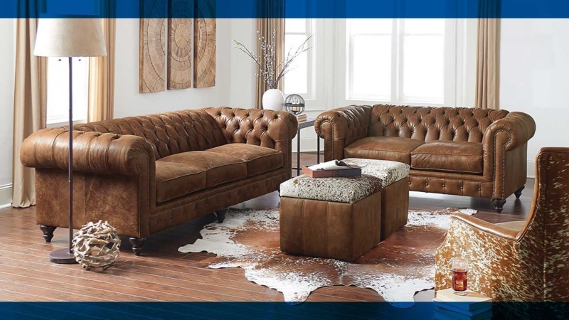 Living Room Set Brown Leather Chesterfield Rustic Hide Accents