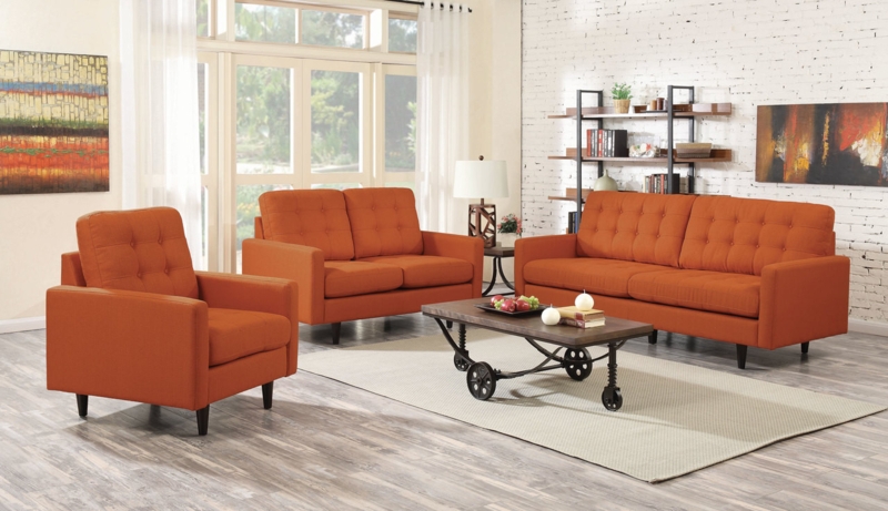 Living Room Set Burnt Orange Fabric Mid-Century Modern Sofa Furniture