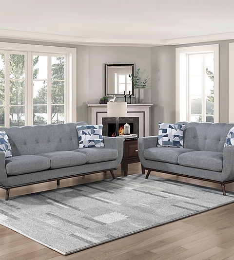 Living Room Set Charcoal Button Tufted Tapered Legs Wood Trim