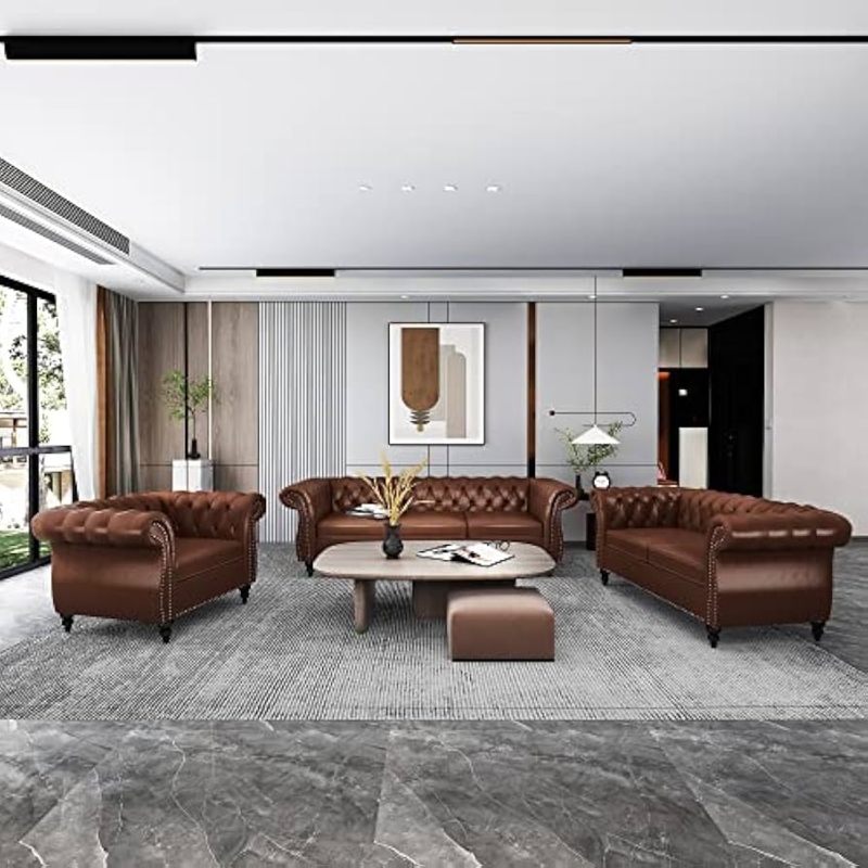 Living Room Set Chesterfield Scroll Arms Button Tufted Brown